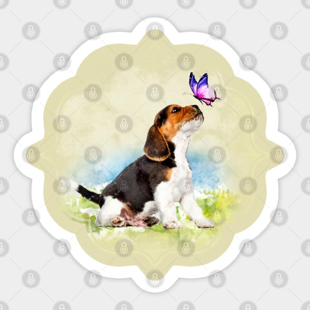 Beagle puppy with butterfly Sticker by Nartissima